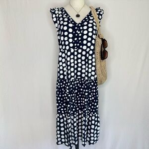 LOFT Navy and White Sleeveless Sundress with V-Neck and Flutter Sleeves